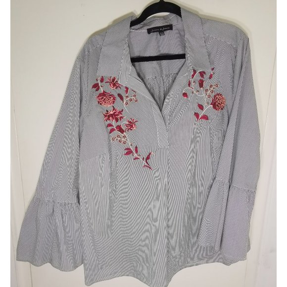 Collared Shirt with Embroidery and Bell Sleeves 2X - Picture 1 of 5